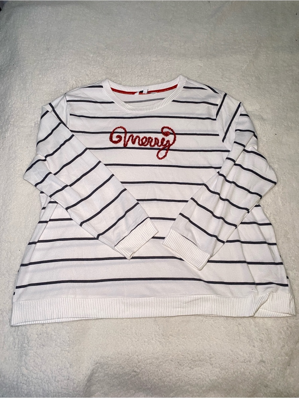 Striped White Knit Sweater with Red 'Merry' Embroidery